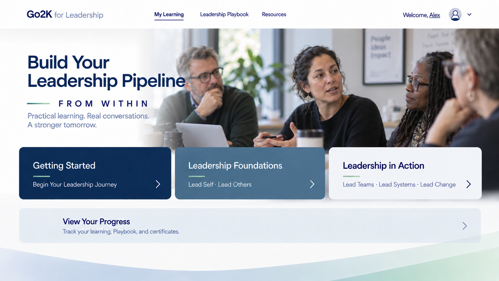 Go2K for Leadership online platform homepage screenshot with navigation, headline text, and three interactive module cards.