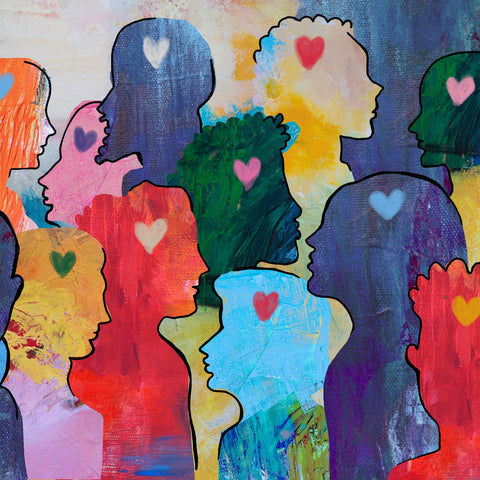 Colorful abstract artwork of silhouetted faces with heart symbols