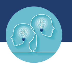 Illustration of two head silhouettes with gears and a lightbulb inside, connected by a line.