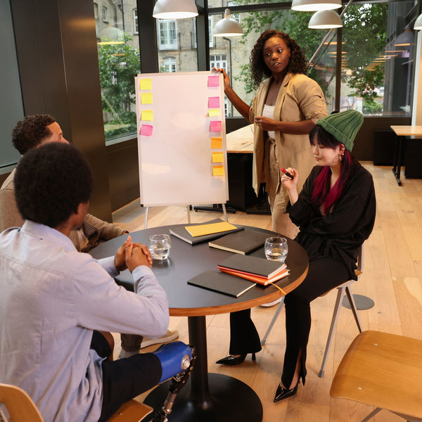 Group of people in a meeting with a whiteboard and post-it notes in an office setting.