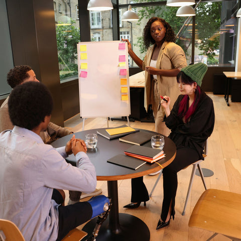 Group of people in a meeting with a whiteboard and post-it notes in an office setting.