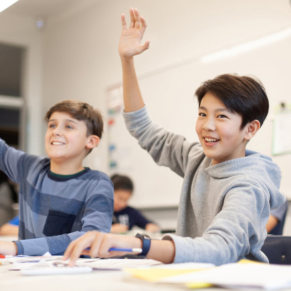 Two students raising their hands in a classroom setting