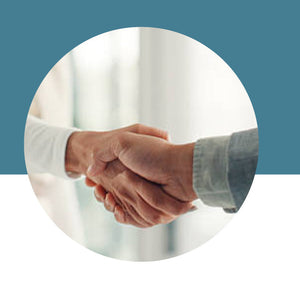 Two people shaking hands with a blue and white background