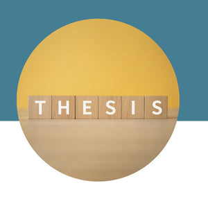 Wooden blocks spelling 'THESIS' on a yellow circle with a blue background