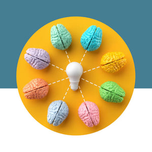 Colorful brain-shaped items around a light bulb on a yellow circle with a blue background