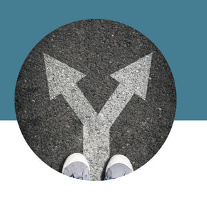 Two arrows pointing upwards on a circular stone surface with a blue background