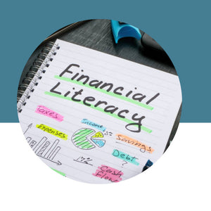 Notepad with 'Financial Literacy' and various terms clipped to it on a blue and white background