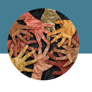 Circular patch with multicolored hands on a blue and white background