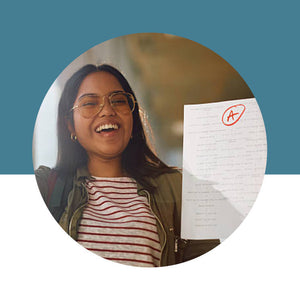 Circular inset of a woman with glasses holding a piece of paper against a blue background