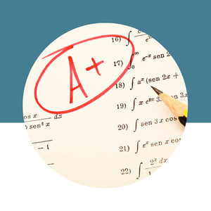 Circular badge with 'A+' grade on a mathematical equation background against a blue and white gradient background
