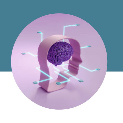 3D human head silhouette with a glowing brain and teal connection lines on a pink and teal background.