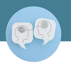 Two speech bubbles with head outlines and a rose and spiral, on a blue and white background.