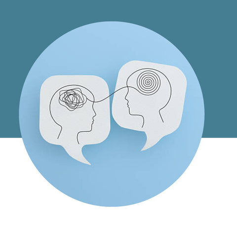 Two head silhouettes in speech bubbles, one with a tangled line and one with a spiral, on a teal and white background.

