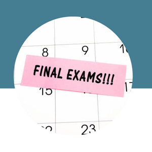 Calendar with a pink sticker indicating 'Final Exams!!!' on a blue background