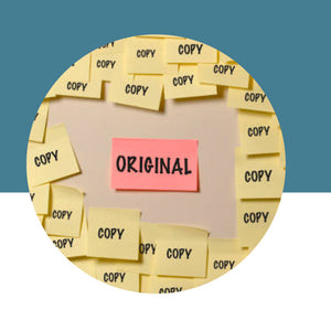 Yellow post-it notes with 'COPY' and one pink note with 'ORIGINAL' on a blue and white background