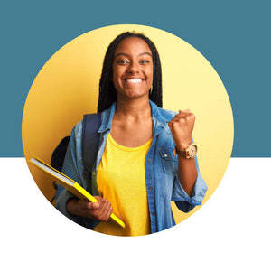 Smiling student with a backpack and notebook making a fist pump gesture on a teal and white background.