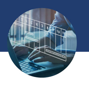 Hands typing on a laptop with a translucent schedule or timeline graphic overlaid on the image.
