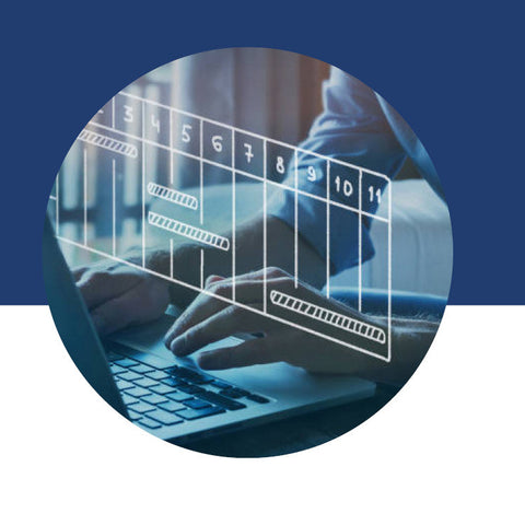 Hands typing on a laptop with a translucent schedule or timeline graphic overlaid on the image.