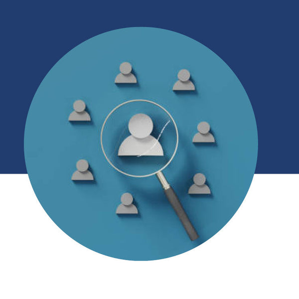 A magnifying glass highlighting one person icon at the center of a group of identical person icons.