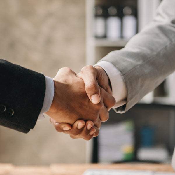 Two people shaking hands in a professional setting