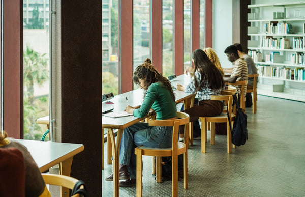 Students studying in a library with large windows and bookshelves.