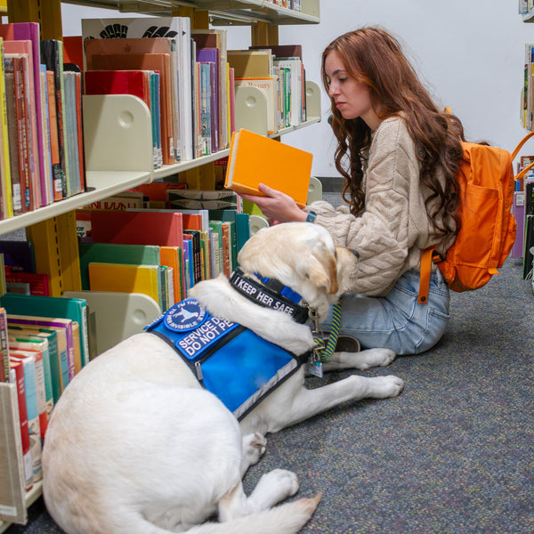 Woman with a dog in a library setting, surrounded by books.