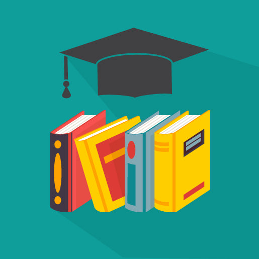 A row of books standing upright with a graduation cap floating above them.