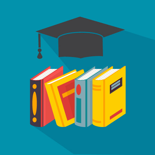 A row of books standing upright with a graduation cap floating above them.