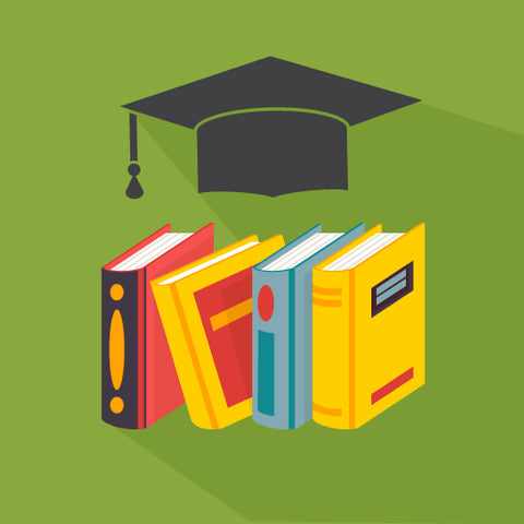 A row of books standing upright with a graduation cap floating above them.