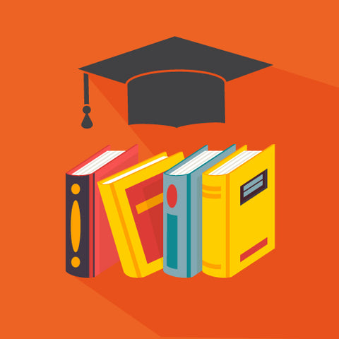 A row of books standing upright with a graduation cap floating above them.