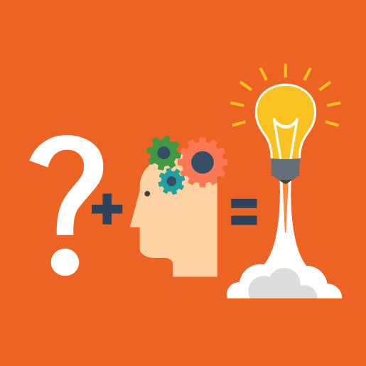 Illustration of critical thinking process with a question mark, a head with gears, and a light bulb representing a new idea.