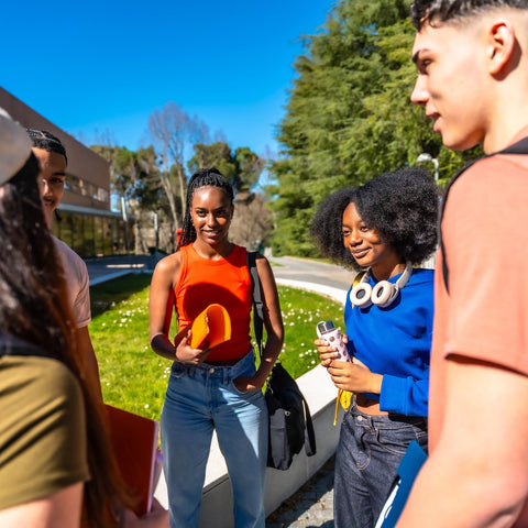 Diverse group of college students talking together on a sunny campus path.