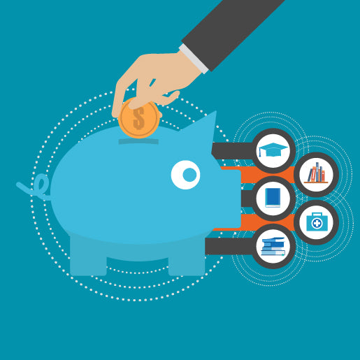 Illustration of a hand placing a coin into a piggy bank with icons representing various financial goals