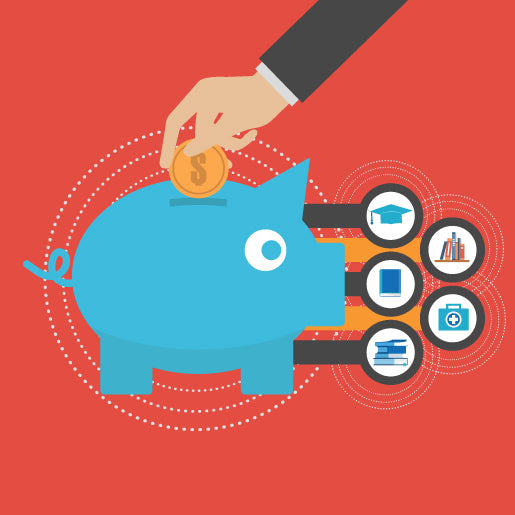 Illustration of a hand placing a coin into a piggy bank with icons representing various financial goals