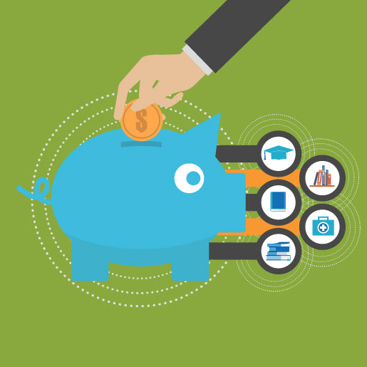 Illustration of a hand placing a coin into a piggy bank with icons representing various financial goals