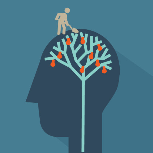 Illustration of a person tending to a branching tree with light bulbs inside a silhouette of a head, representing a growth mindset.