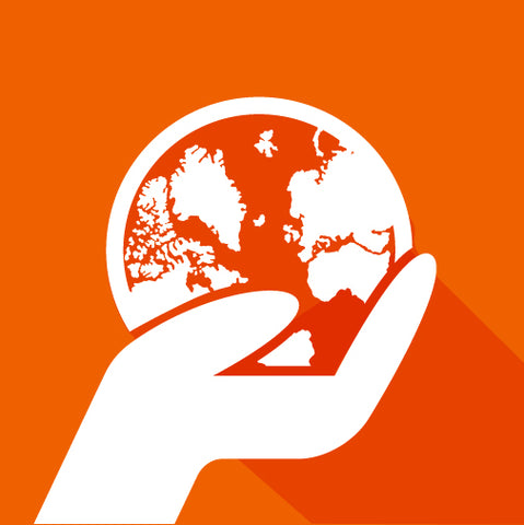 Image of hand holding the planet in an orange background.