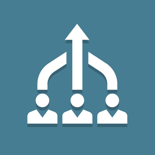 Three human icons with arrows converging above them into a single upward-pointing arrow, symbolizing collaboration or unified direction.