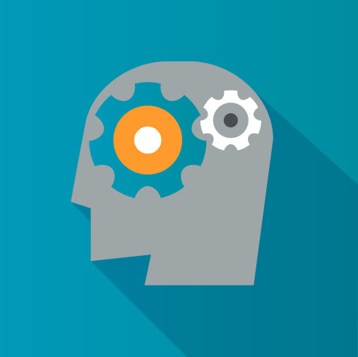 Illustration of a head with gears inside, representing thinking or problem-solving.