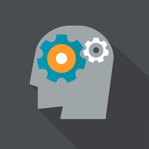 Illustration of a head with gears inside, representing thinking or problem-solving.