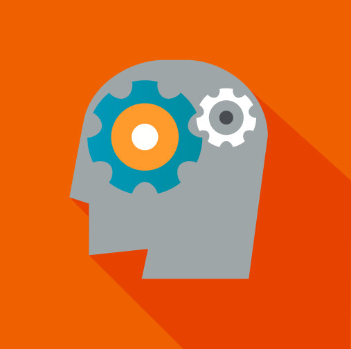 Illustration of a head with gears inside, representing thinking or problem-solving.