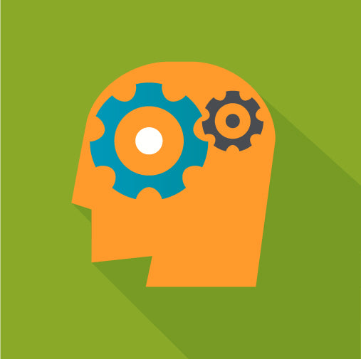 Illustration of a head with gears inside, representing thinking or problem-solving.