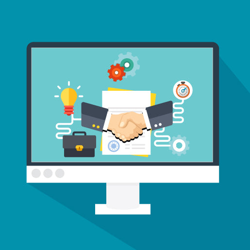 computer screen displaying a handshake surrounded by icons like a light bulb, briefcase, gears, and documents