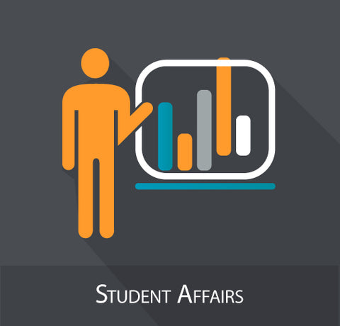 student affair human figure standing next to bar graph icon