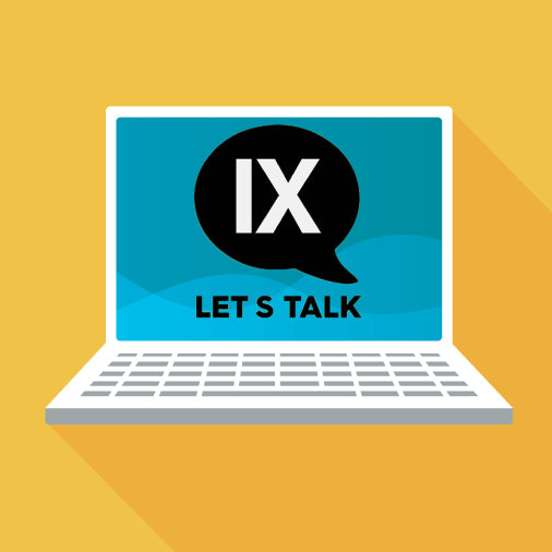 Illustration of a laptop displaying a speech bubble with 'IX' and the text 'LET'S TALK' on the screen
