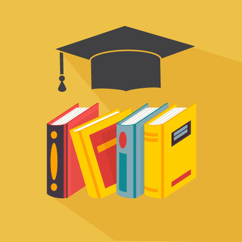 a row of four books with a graduation cap above icon