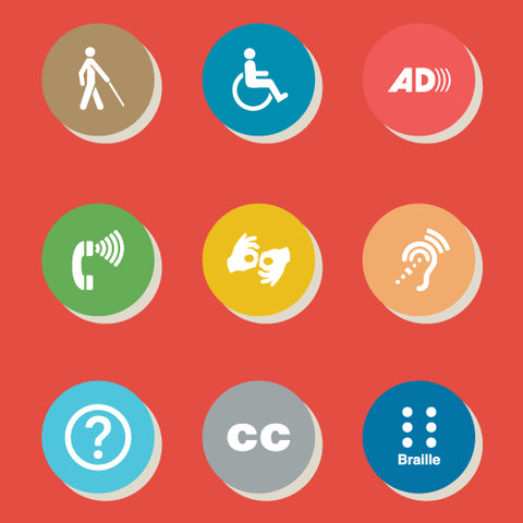 nine circles each representing a disability-blind, wheelchair, deaf, sign language, closed captions and braille.