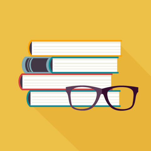 Stack of books icon in yellow background.