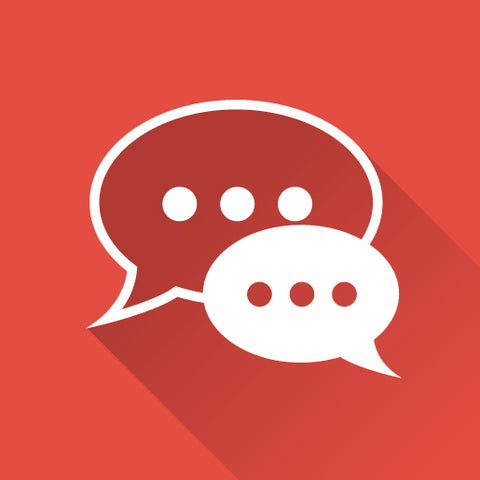 Two speech bubbles on a red background.