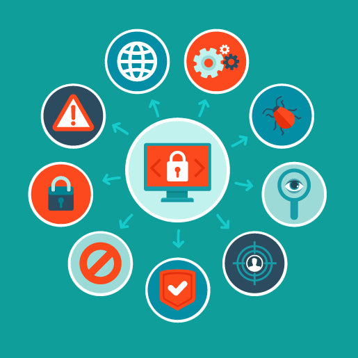 Illustration of a computer in the center with a lock on the screen, surrounded by various icons including a lock, warning sign, gear, and shield